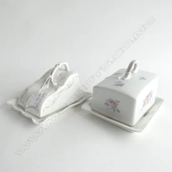 2 C1900 PORCELAIN CHEESE DISHES FLORAL DECORATED