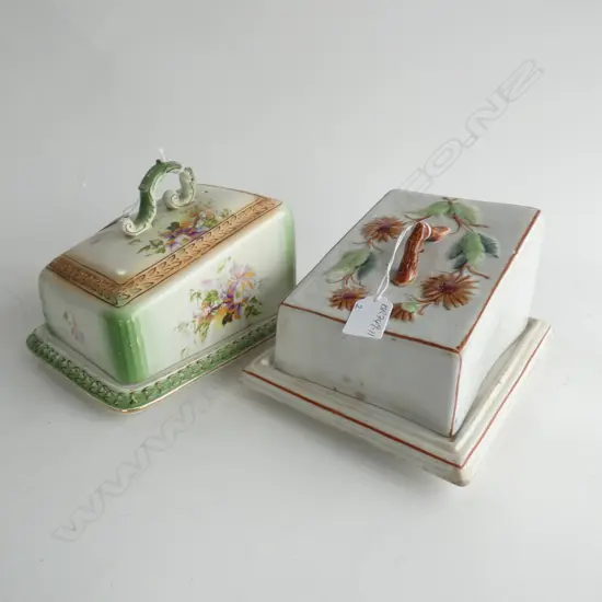 2 C1900 PORCELAIN CHEESE DISHES FLORAL DECORATED