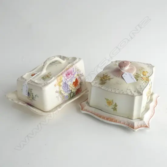 2 C1900 PORCELAIN CHEESE DISHES FLORAL DECORATED