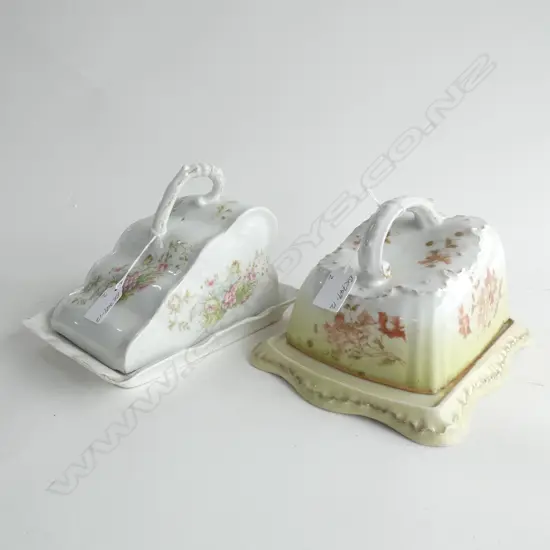 2 C1900 PORCELAIN CHEESE DISHES FLORAL DECORATED