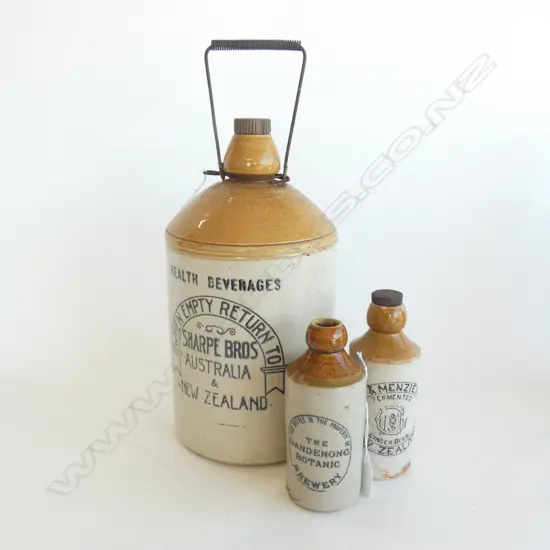 SHARPE BROS. CROCK H.340mm + 2 BOTTLES - DANDENONG BOTANIC & GREY & MENZIES GINGER BEER