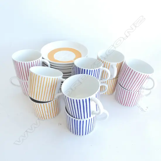12 SWEDISH RORSTRAND KADETT STRIPED CUPS & SAUCERS; 4 EA. BLUE / YELLOW & PINK STRIPES