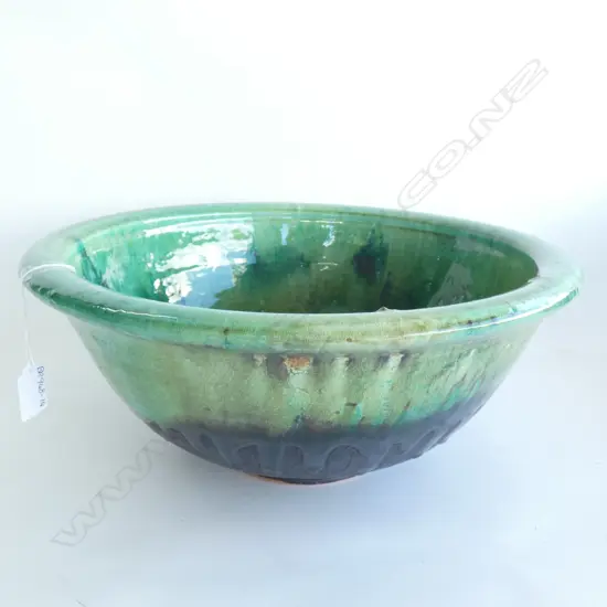LG HEAVY GREEN & BLACK GLAZED BOWL - STAMPED 'TS' DIA  400MM