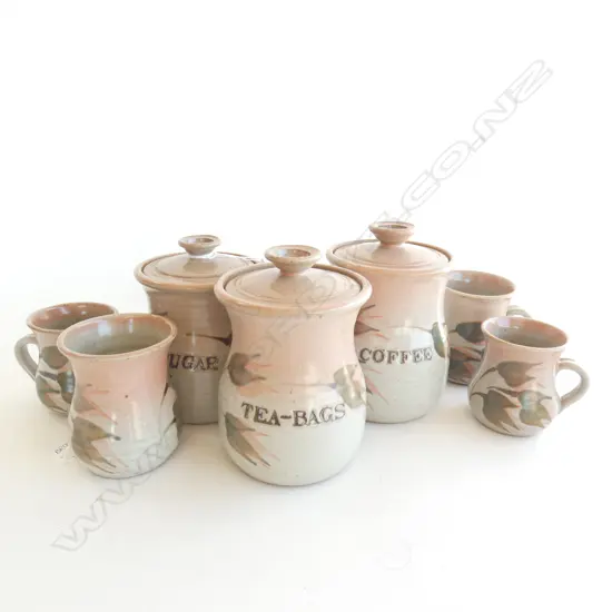 3 POTTERY CANISTERS (SUGAR/COFFEE/TEA) & 4 MATCHING MUGS - STAMP UNKNOWN