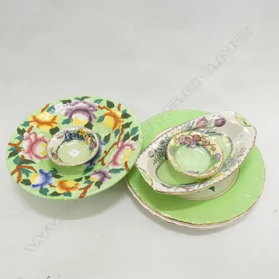 2 MALING DISPLAY PLATES 285mm dia + LGE GREEN BOWL, OVAL BOWL, 2 PIN DISHES
