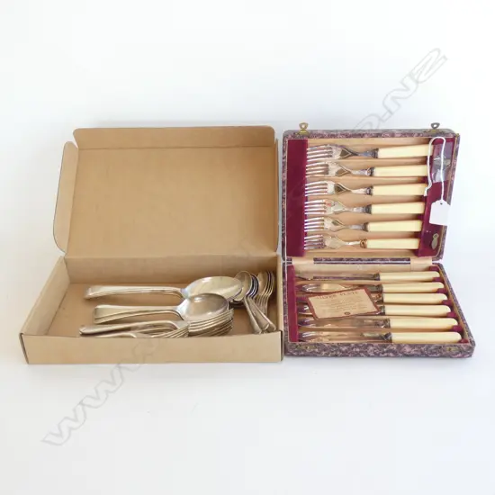 SILVER PLATE & CELLULOID FISH CUTLERY SET IN BOX + BOX ASST SILVERPLATE CUTLERY 