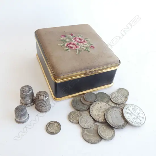 TAPESTRY BOX OLD COINS & 3 OLD STG SILVER THIMBLES 