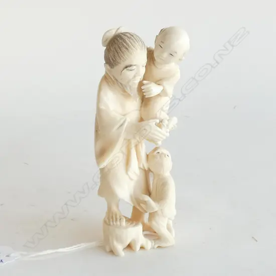 IVORY FIGURINE; ORIENTAL ELDER w. CHILD & MONKEY H.120mm