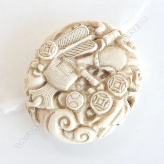 IVORY MANJU NETSUKE CARVED w. ATTRIBUTES OF GODS