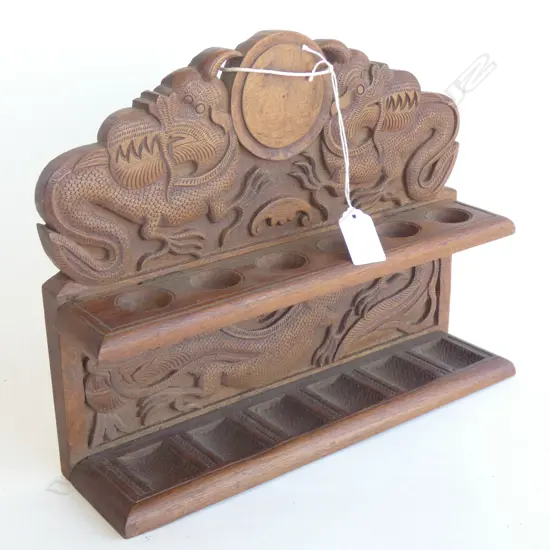 CARVED WOODEN CHINESE PIPE STAND w. DRAGONS W.305mm