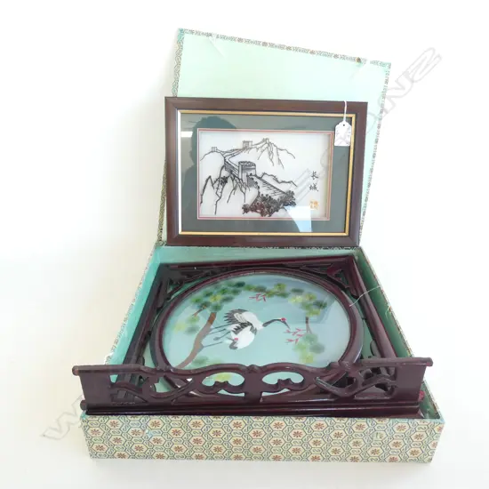 ORIENTAL SILK CRANE BIRDS IN WOODEN STAND 3D FRAMED PICTURE 