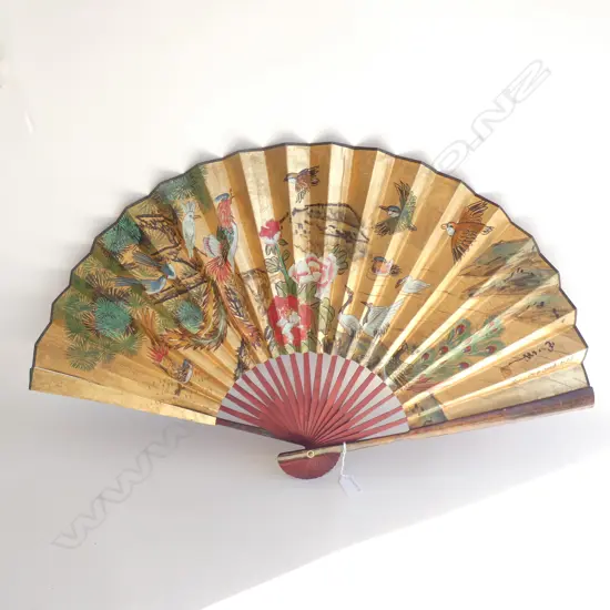 ORIENTAL GILDED FAN HAND PAINTED BIRD SCENES W.890mm A/F