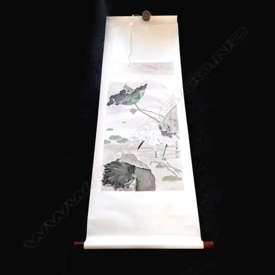 ZHONGYAO ZHOU (1945 - ) CHINESE W/C SCROLL HERON & LOTUS