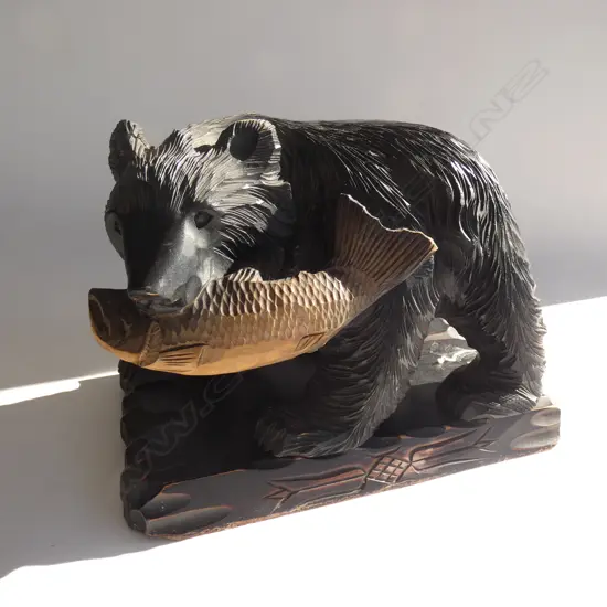 WOODEN CARVED JAPANESE BLACK BEAR WITH SALMON - ON STAND L  300MM REPAIR TO ONE EAR