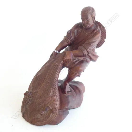 CARVED WOODEN ASIAN FISHERMAN H.210mm