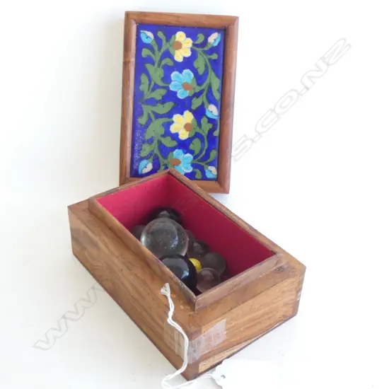 WOODEN BOX & 12 MARBLES