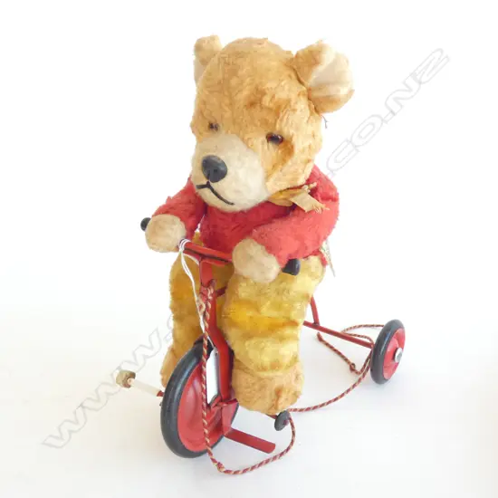 VINTAGE CHILTERN TEDDY ON BIKE TOY H.260mm
