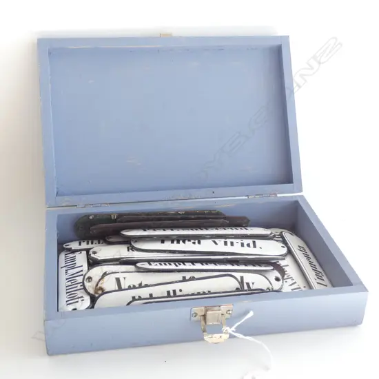 BLUE PAINTED BOX OF VINTAGE ENAMEL CHEMIST / PHARMACY LABELS