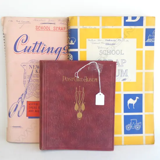 2 LG SCRAPBOOKS OF OLD POSTCARDS & 1 POSTCARD ALBUM OF CARDS