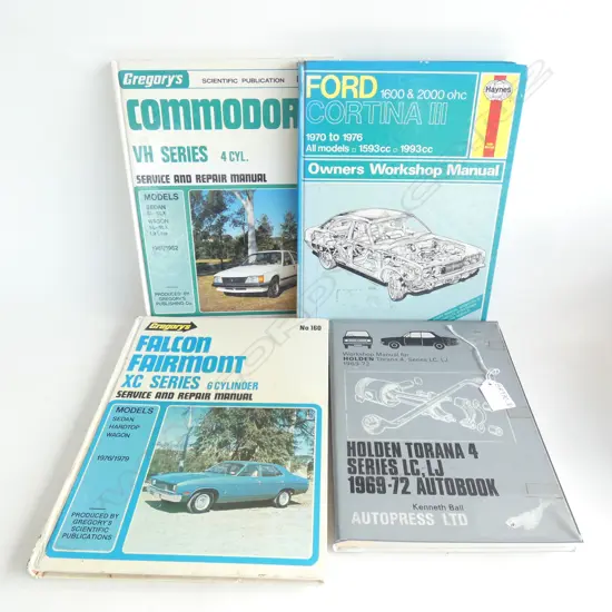4 OLD CAR MANUALS; HOLDEN TORANA 4 /FALCON FAIRMONT/FORD CORTINA 111/ & COMMODORE VH SERIES