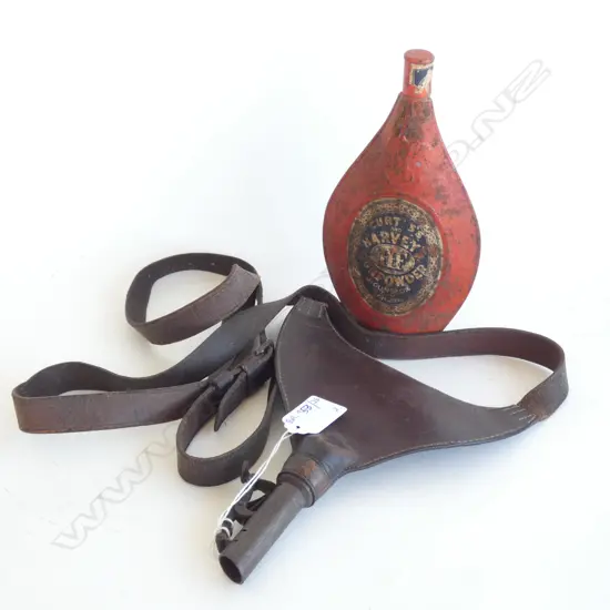 LEATHER GUN POWDER SLING + CURTIS & HARVEY GUN POWER FLASK