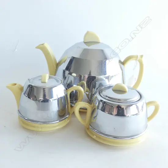 3 PCE ART DECO BEEHIVE TEA SET; CHROME & BAKELITE COVERS 