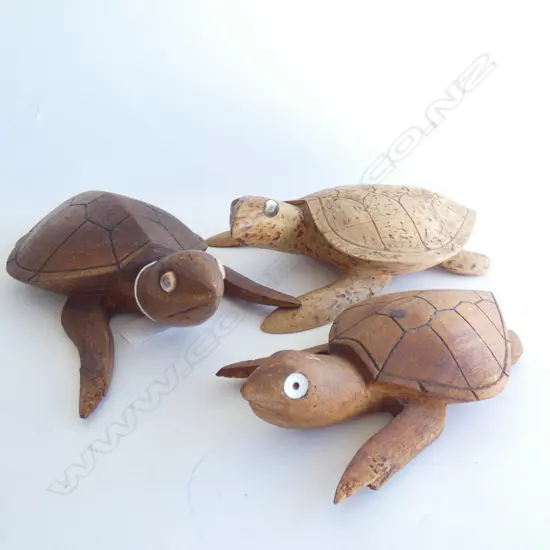 THREE CARVED WOODEN TURTLES  - LARGEST L 270MM