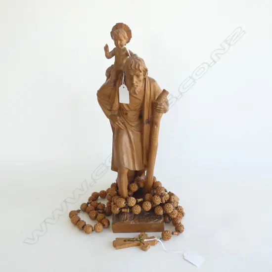 CARVED WOOD ST. CHRISTOPHER w. CHILD JESUS H.410mm + FRENCH LOURDES ROSARY BEADS