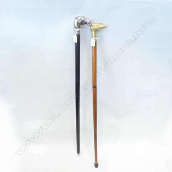 2 WALKING STICKS; BRASS EAGLE & CHROME HORSE L.930mm