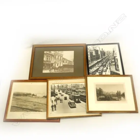 5 OLD FRAMED PHOTOS INCL AUCKLAND TRAMS 315 X 220MM