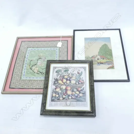 FRAMED COTTAGE EMBROIDERY/ DECORATIVE SILK CLOTH (310 X 280MM) & 1 OTHER 