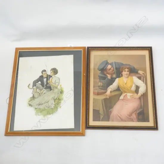 PR OLD FRAMED PRINTS; 'SECURELY HOOKED' & 'SAILOR & GIRL'  320 X 420MM