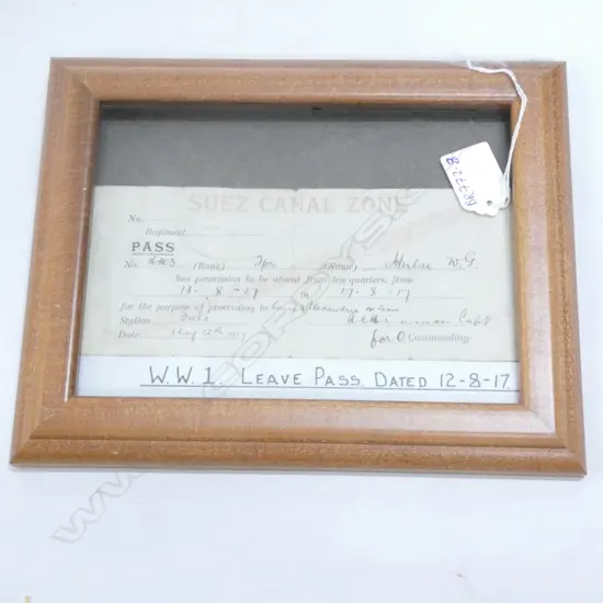 FRAMED WW1 SUEZ CANAL ZONE LEAVE PASS 12/8/1917