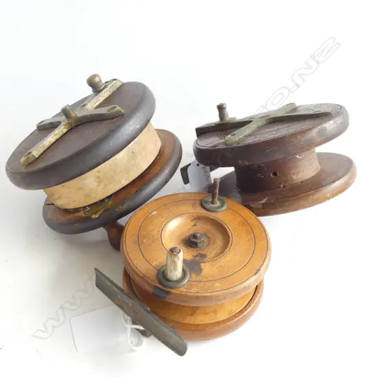 3 WOODEN FISHING REELS 115mm dia