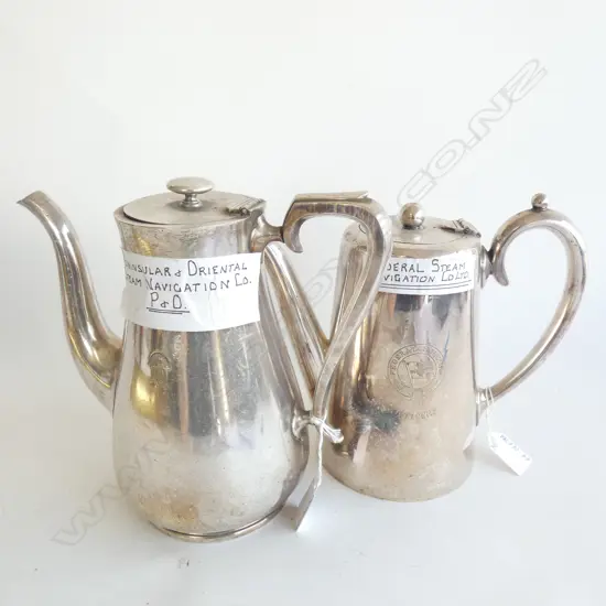 PR OLD SILVER PLATE SHIPPING COFFEE POTS; P&O STEAM NAVIGATION CO (H 215MM) & FEDERAL STEAM CO. 
