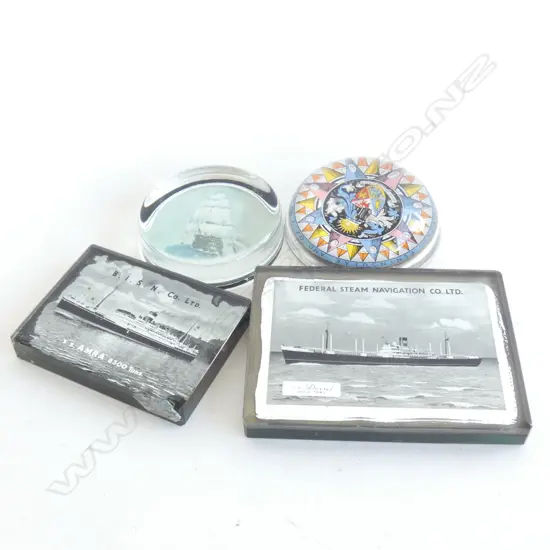 4 OLD SHIPPING GLASS PAPERWEIGHTS; PENINSULAR STEAM NAVIGATION CO (DIA 77MM) SS AMRA / FED STEAM NAV. CO & SAILING SHIP