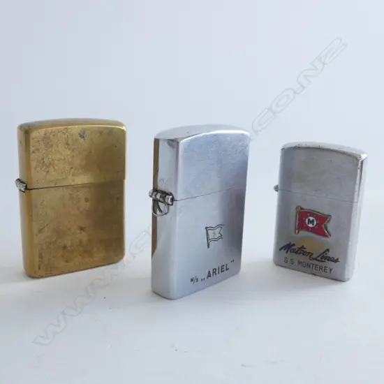 3 SHIP MONOGRAMMED CIGARETTE LIGHTERS; SS MONTEREY / MS ARIEL & MV RANGITANE ZIPPO GOLD PLATED