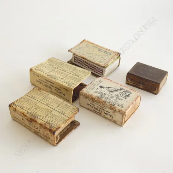 4 VINTAGE ADVERTISING MATCHBOX HOLDERS (2 HOTEL) INCL 'HANDY WAX VESTA' NZ 