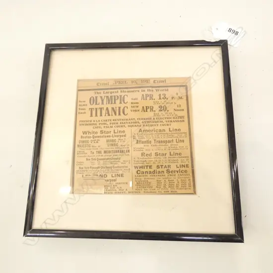 1912 FRAMED NEWSPAPER CUTTING ADVERTISING TITANIC SAILINGS 110 X 110MM 