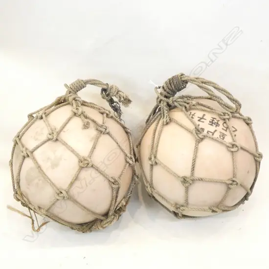 PR OLD ORIENTAL PLASTIC FISHING FLOATS WITH ROPE NETTING - DIA 300MM