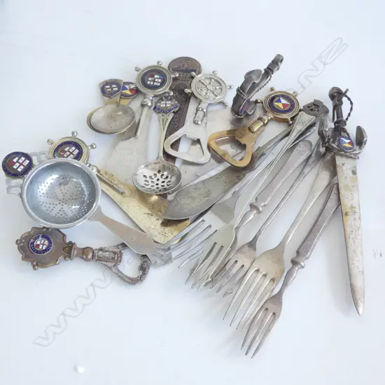 BAG ASST OLD SHIPPING MEMORABILIA; SHOE HORNS/ TEA STRAINERS / BOTTLE & LETTER OPENERS ETC.