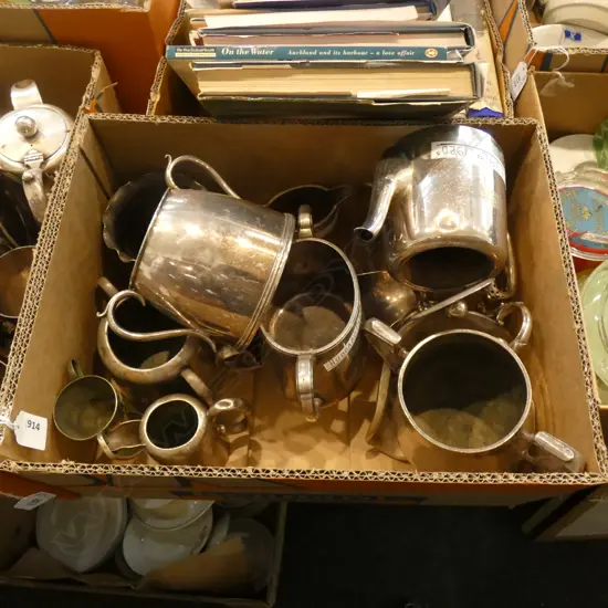 BOX ASST OLD SHIPPING SILVER PLATE; TEAPOTS & NZ & AUST STEAMSHIP CO ETC.