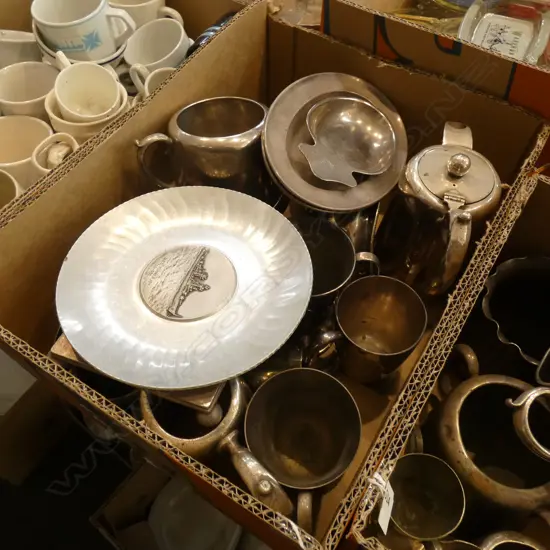 BOX LOT SHIPPING MONOGRAMMED SILVER PLATE; JUGS, COFFEE POT / ASH TRAYS /TANKARDS ETC.