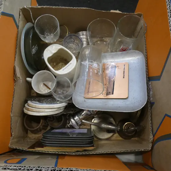 SM BOX LOT SHIPPING MEMORABILIA; S & P / PAPERWIGHT / TOAST RACK / GLASSES ETC..