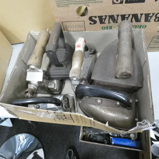 LG BOX OLD IRONS; FIRESIDE & OLD ELECTRIC & TRAVEL