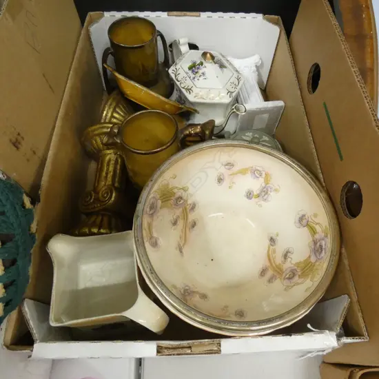 BOX LOT ASST VINTAGE CHINA  ETC... INCL OLD TEAPOT / CANDLE HOLDERS /WW JASPERWARE