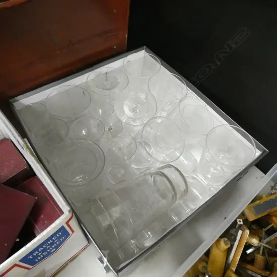BOX VINTAGE ETCHED GLASSWARE; 3 TYPES 