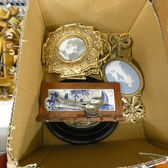 BOX ASST. GILT FRAMES / BLUE & WHITE TILE SPOON HANGER & SPOONS ETC..