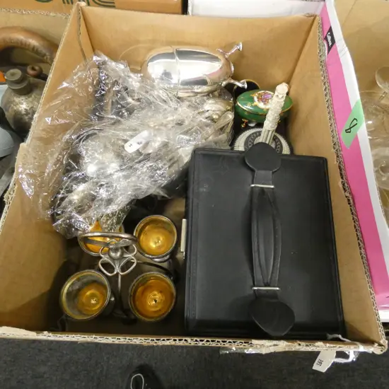 BOX LOT ASST; SILVER PLATE CUTLERY / JEWELLERY & TRINKET BOXES ETC..