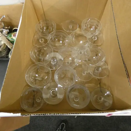 BOX VINTAGE ETCHED WINE GLASSES; 2 SIZES 